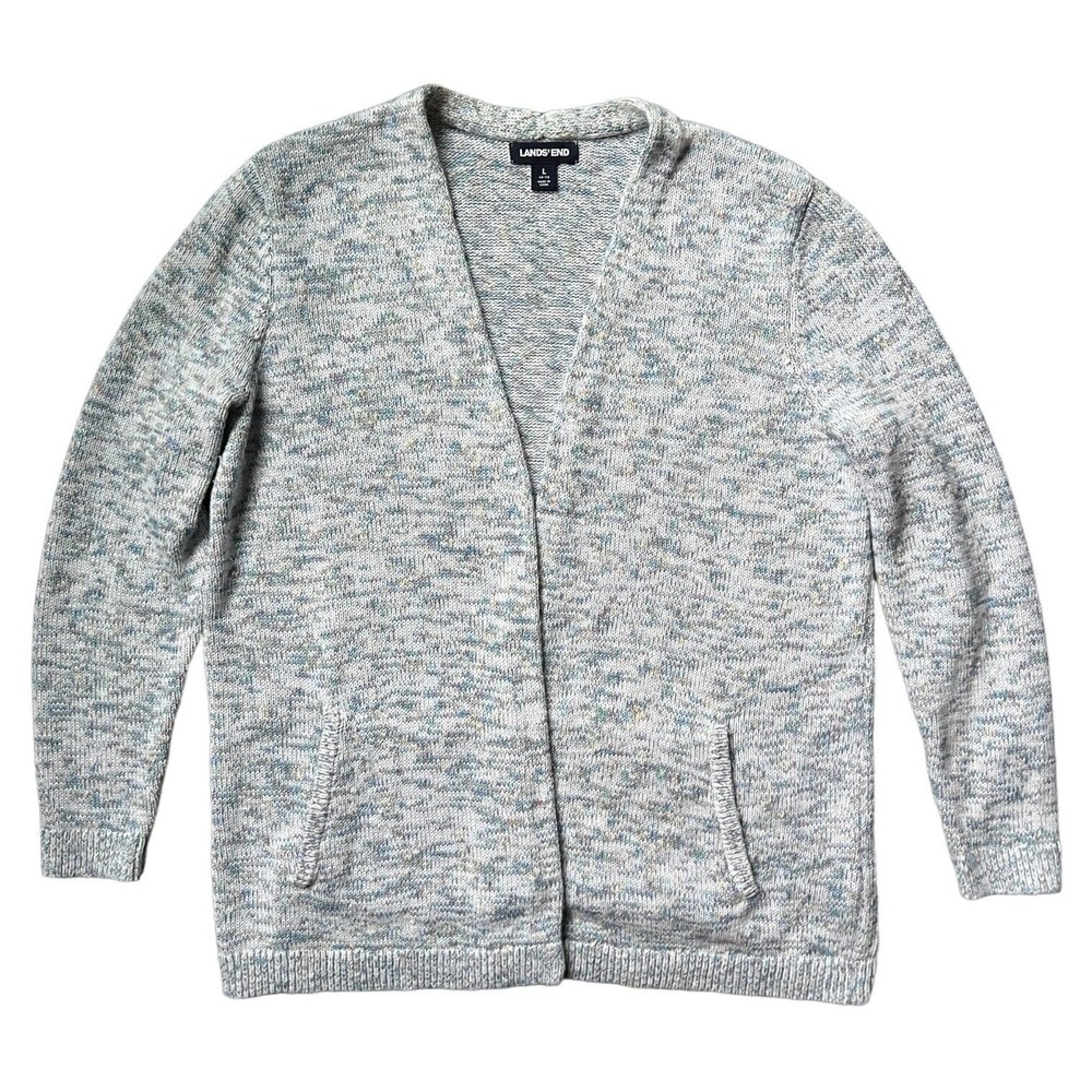 Lands End Open Cardigan Sweater Womens Large 14-16 Pockets Long Gray Multicolor